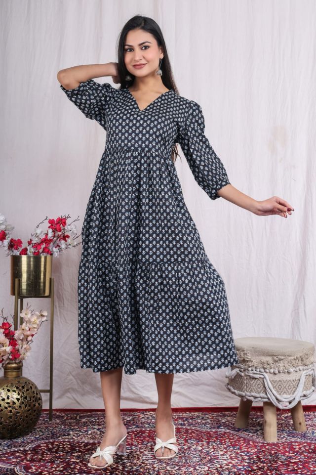 Flare Church Dress for Women One pocket quarter Sleeves Printed Cotton Summer Career Office Formal Occasions Stylish Ladies