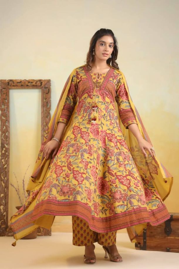 Mustard Yellow & maroon Pure Cotton front Knot Anarkali suit with Beautiful Dupatta